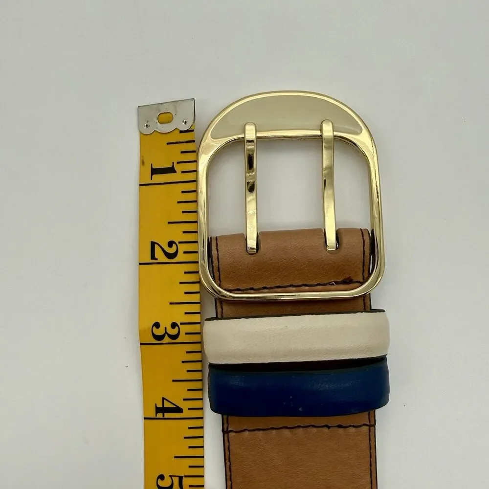 ANN TAYLOR Belt Women's S Brown Leather Blue Cream Double Gold Tone Buckle READ